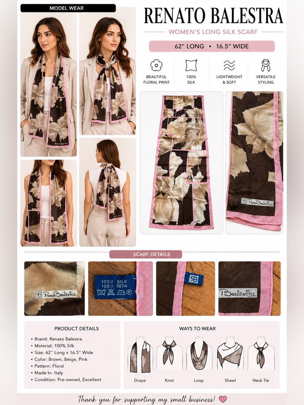 Renato Balestra 100% Silk Floral Scarf Brown Beige Pink Long Oblong 62" x 16.5"